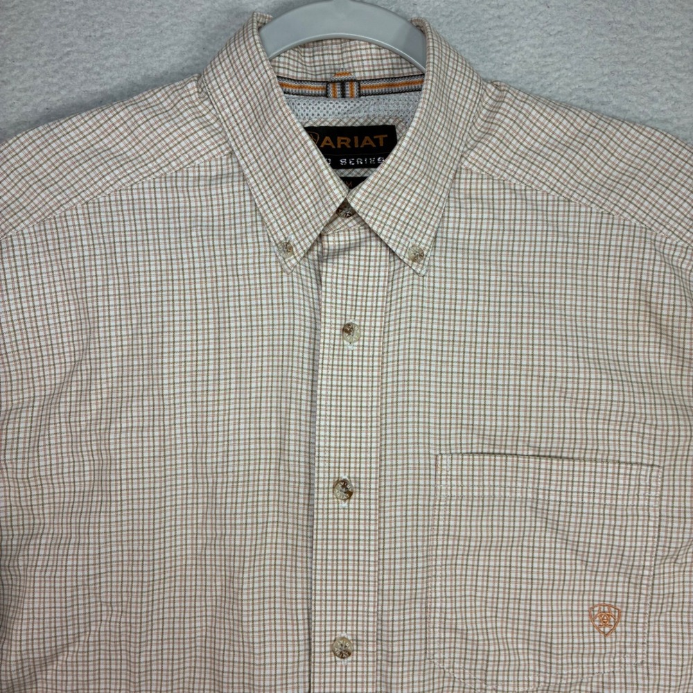 Ariat Pro Series Button Shirt Men M Tan Plaid Short Sleeve Western Cowboy Vented